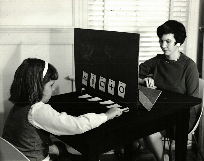 Sally Rhine and her daughter testing zener cards